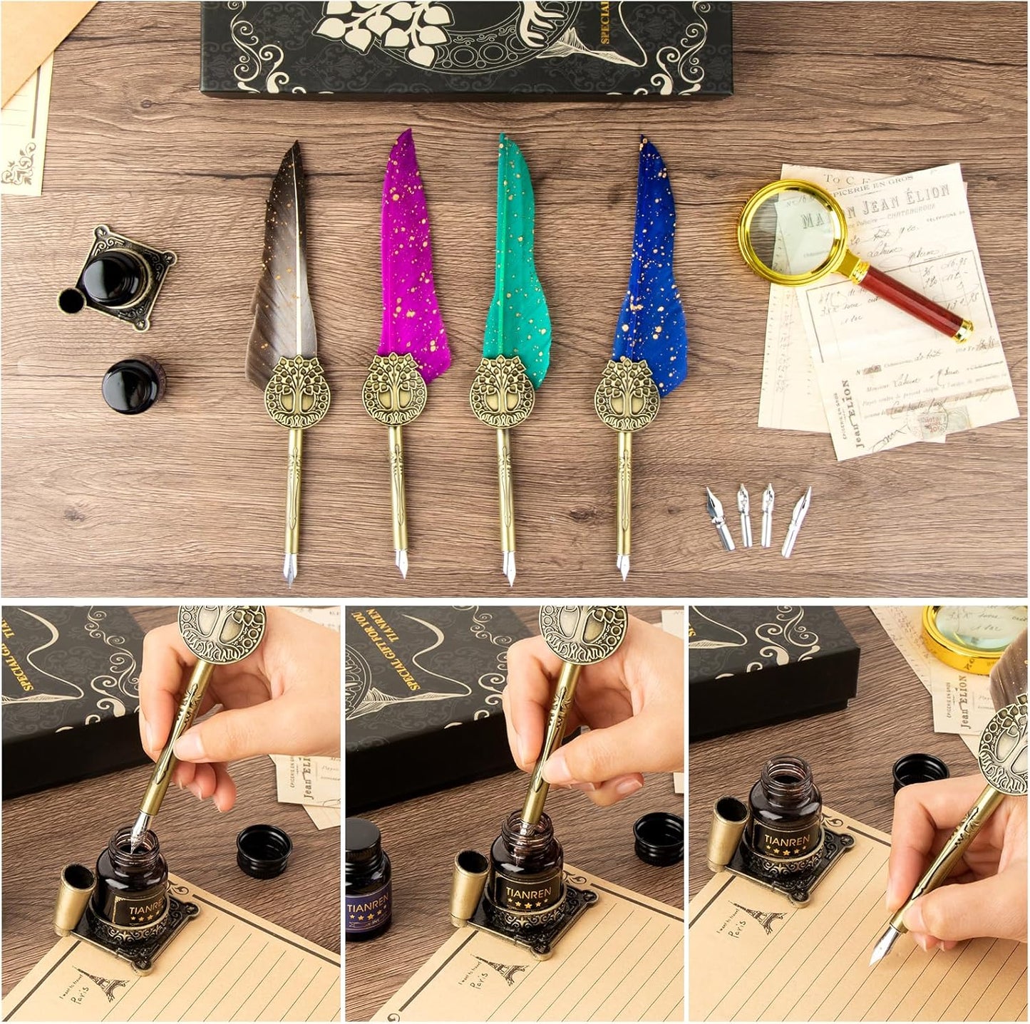 Feather Pen and Ink Set,quill pen ink set,Antique Calligraphy Pen with 4 Replaceable Nibs,2 Bottle of ink,Pen Holder Christmas Gift for Men&Women.(Blue)