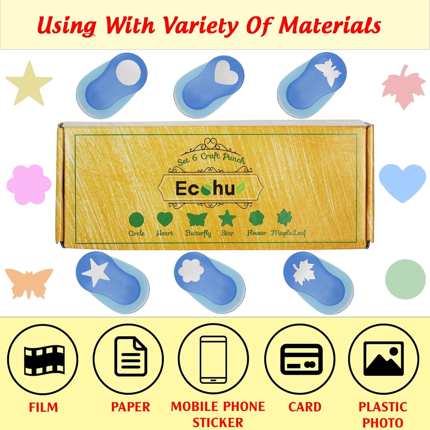 Set 6 Craft Hole Punch 1-inch, Craft Punchers - Heart, Circle, Star, Butterfly, Maple Leaf, Flower Paper Punch Sets for Crafting & DIY Projects. (Set 6)