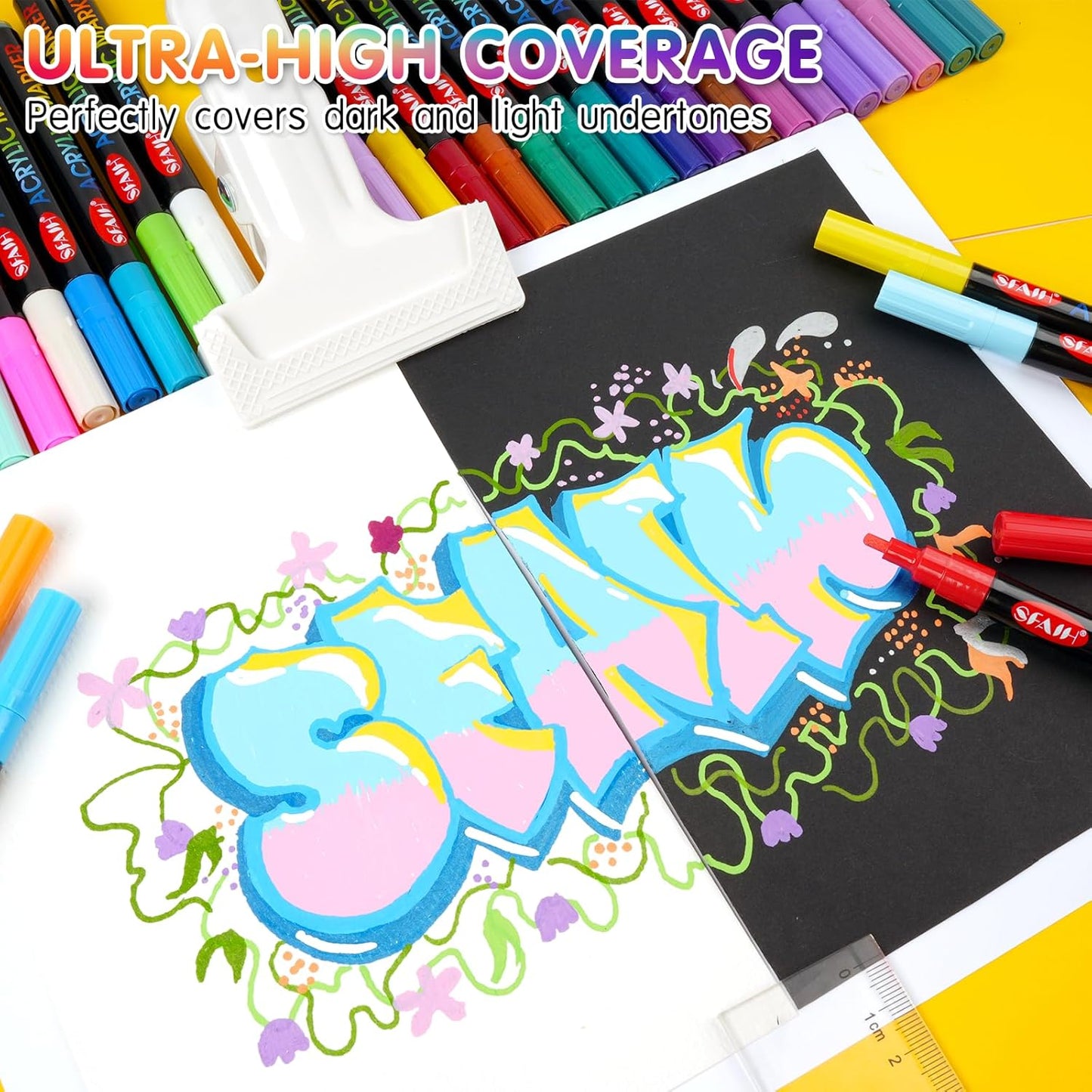 SFAIH Acrylic Creative Markers Set of 60 Vibrant, 14 Metallics, 1-2mm Fine Tips - Halloween Decorations Paint Pens, Pumpkin Painting, Gift for Kids & Adults - Art Supplies, High Coverage, Any Surface