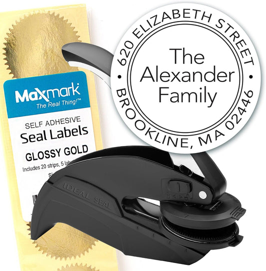 Custom Monogram Address Embosser - Personalized Round Seal with 50 Gold Seal Labels - Style EM029