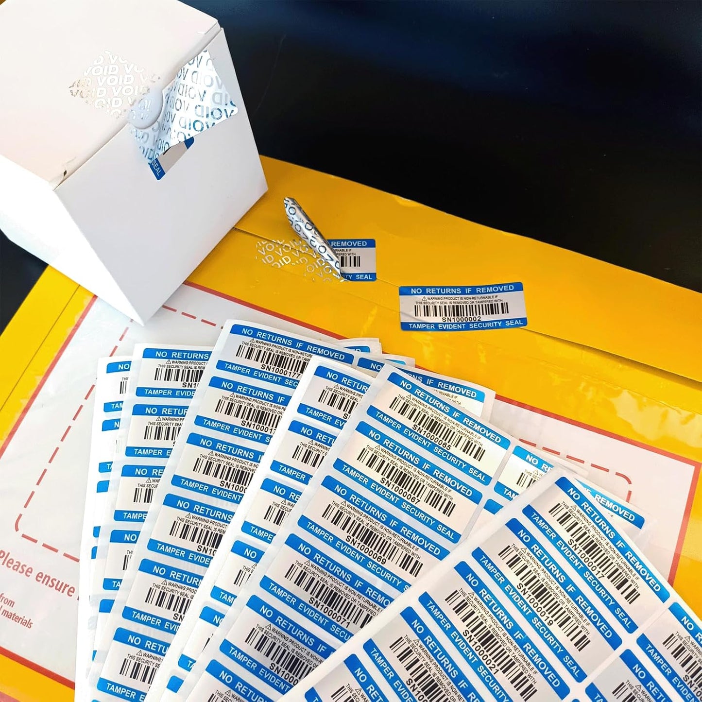 250pcs Tamper Proof Barcode Stickers,Security Label, Warranty Void Sticker with Individual Serial Number,Sealing Label for Package(2x0.8 inches,Blue)
