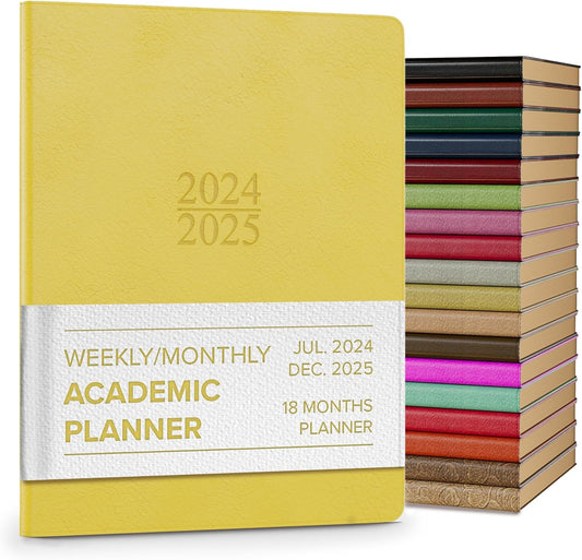 Gallery Leather Academic Planner 2025, Teacher and Student Weekly Monthly Planner, Elegantly Bound Calendar with Gold-Gilded Page Edges, 18 Months - Caribbean Yellow - 9 x 7 "