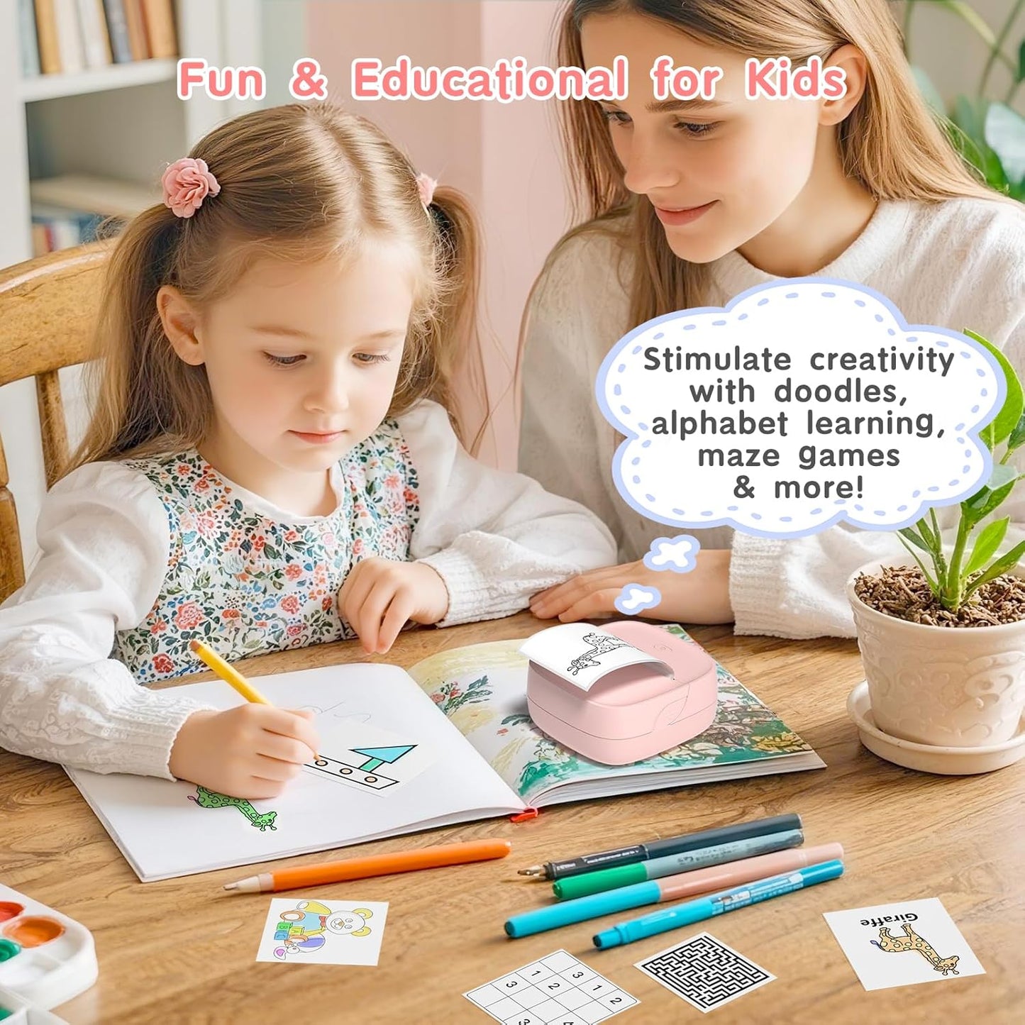 JD-23 Sticker Printer, Mini Portable Thermal Printer Print Pod, Inkless Bluetooth Label Maker Machine for DIY Crafts, Journaling, Office & Home Use, 2 Rolls Sticker Paper, Pink