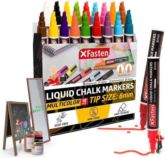 XFasten Liquid Chalk Markers for Blackboard 18-Pack, 6mm Reversible Bullet and Chisel Liquid Chalk Markers Erasable for Chalkboard, Dry Erase Board, Glass, Mirrors, Car Windows - 2 Tips Included