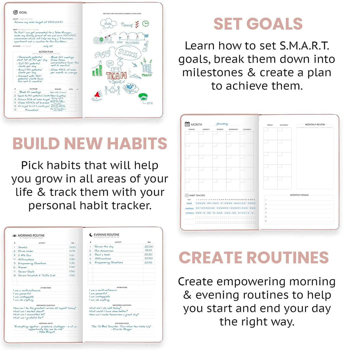 Undated Daily Planner – 1-Year B5 Productivity Organizer with Two-Page Weekly Spread, Goal Setting, Habit Tracker, Weekly & Monthly Pages – Hardcover Time Management Notebook (Rose Gold)