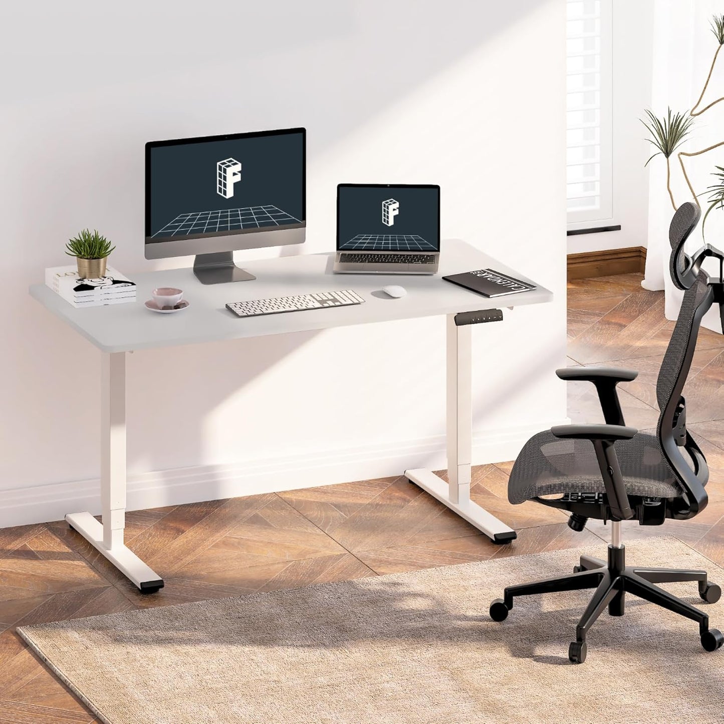 FLEXISPOT E6 Essential 3 Stages Dual Motor Electric Standing Desk 48x24 Inch Whole-Piece Board Height Adjustable Desk Electric Sit Stand Desk(White Frame + White Desktop, 2 Packages)