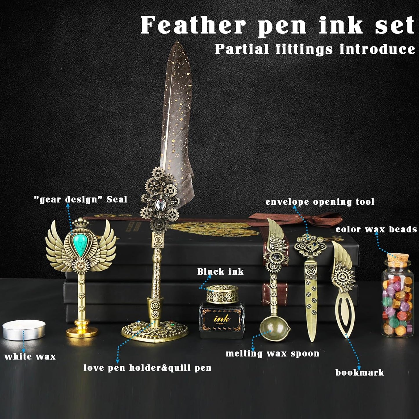 Feather Quill Calligraphy Pen Set With Ink and Wax Seal Stamp - Beautiful Gift Set for Christmas - Grey