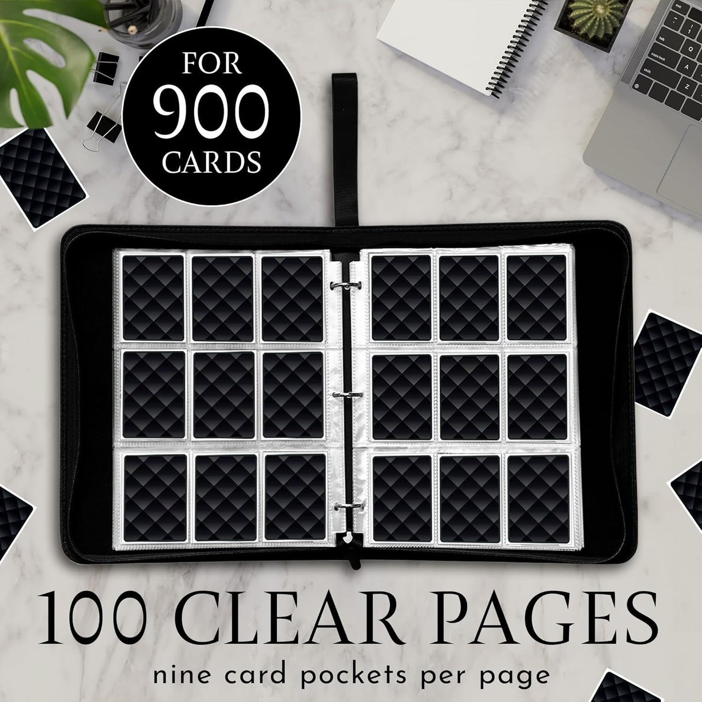 Premium Black Trading Card Binder – 13" x 10.5" PU Leather with Zipper, 50 Double-Sided 9-Pocket Sheets (900 Cards) – Velvet Liner – Includes 2 Acrylic 35PT Card Protectors