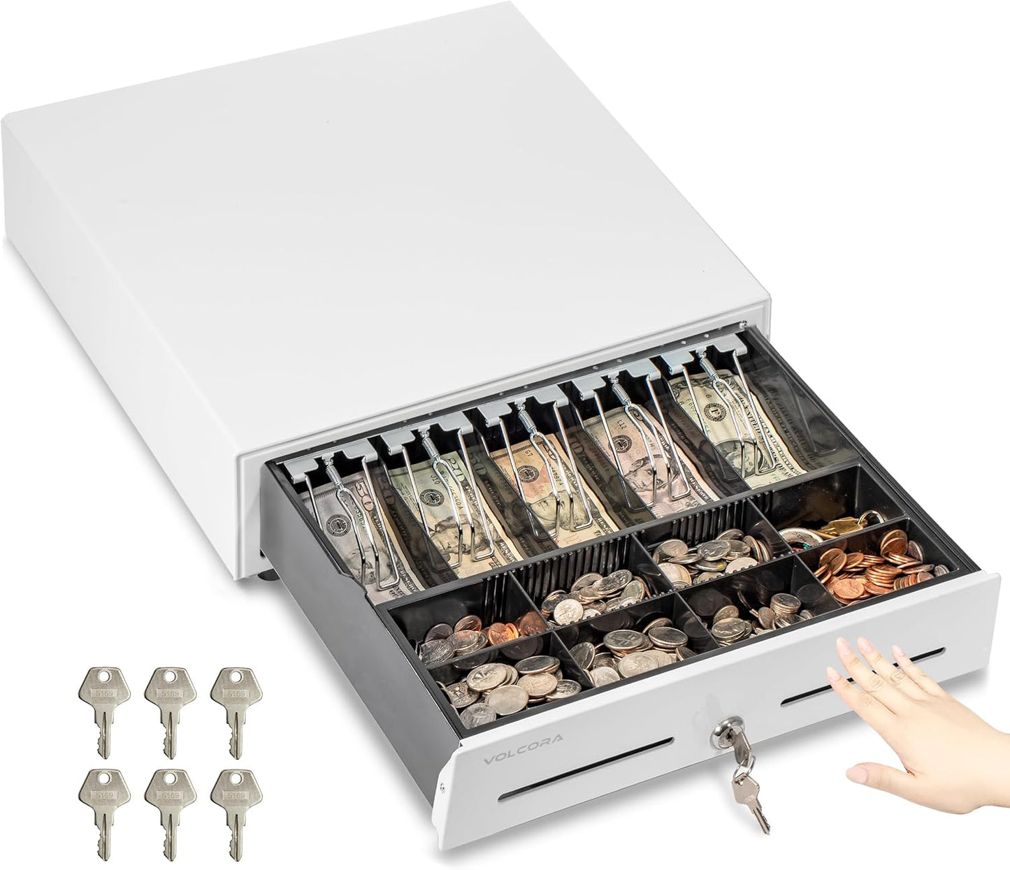Volcora 16" Push Open Cash Register Drawer for Point of Sale (POS) System, Partial Removable White Heavy Duty Till with 5 Bills/8 Coin Slots, Key Lock and Double Media Slots