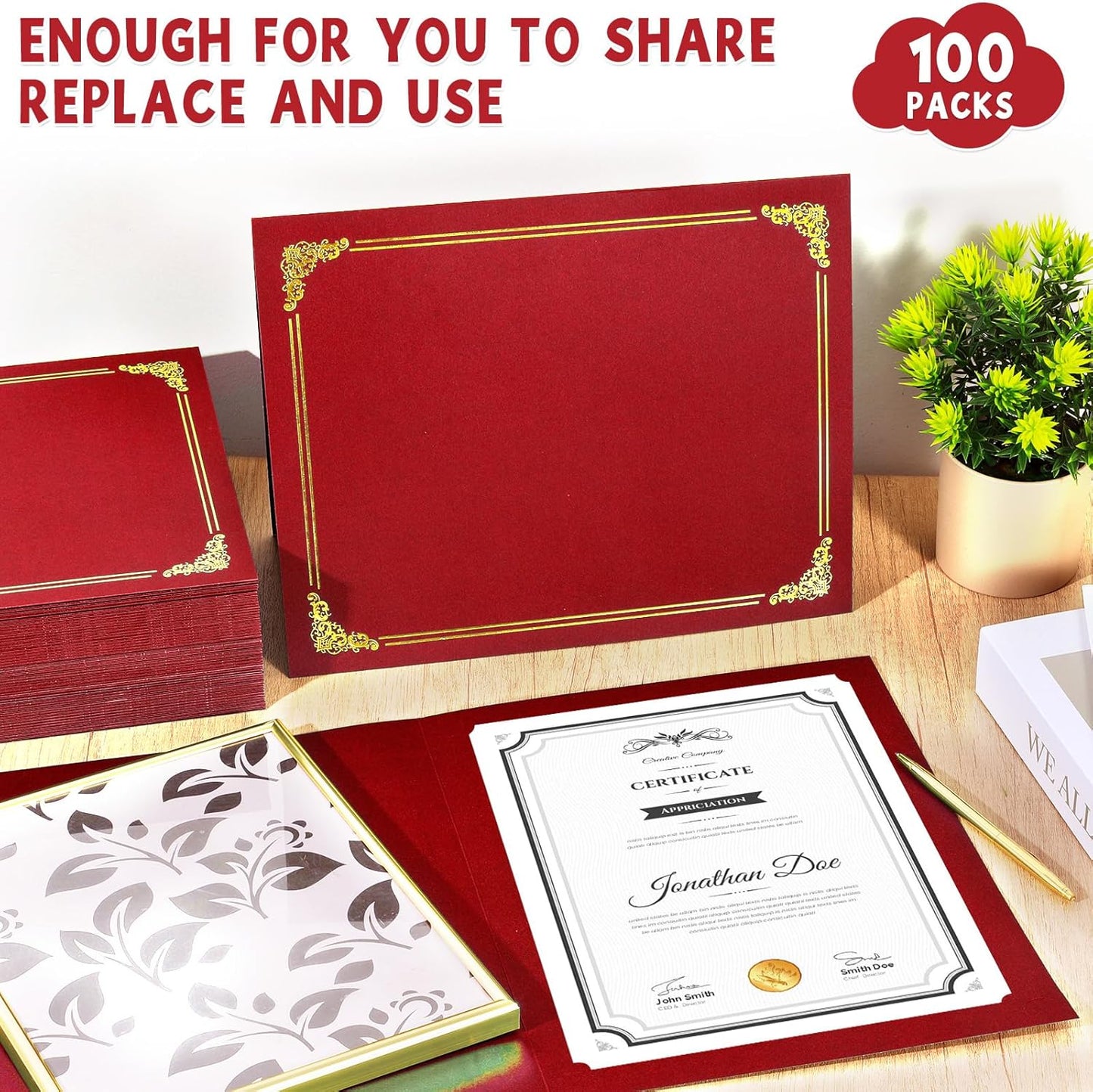 gisgfim 100Pcs Certificate Holders Diploma Covers Single Sided Gold Foil Border Award Certificate Covers for Letter Size 8.5x11 Certificates Cardstock Document Papers Storage Organizer (Red)