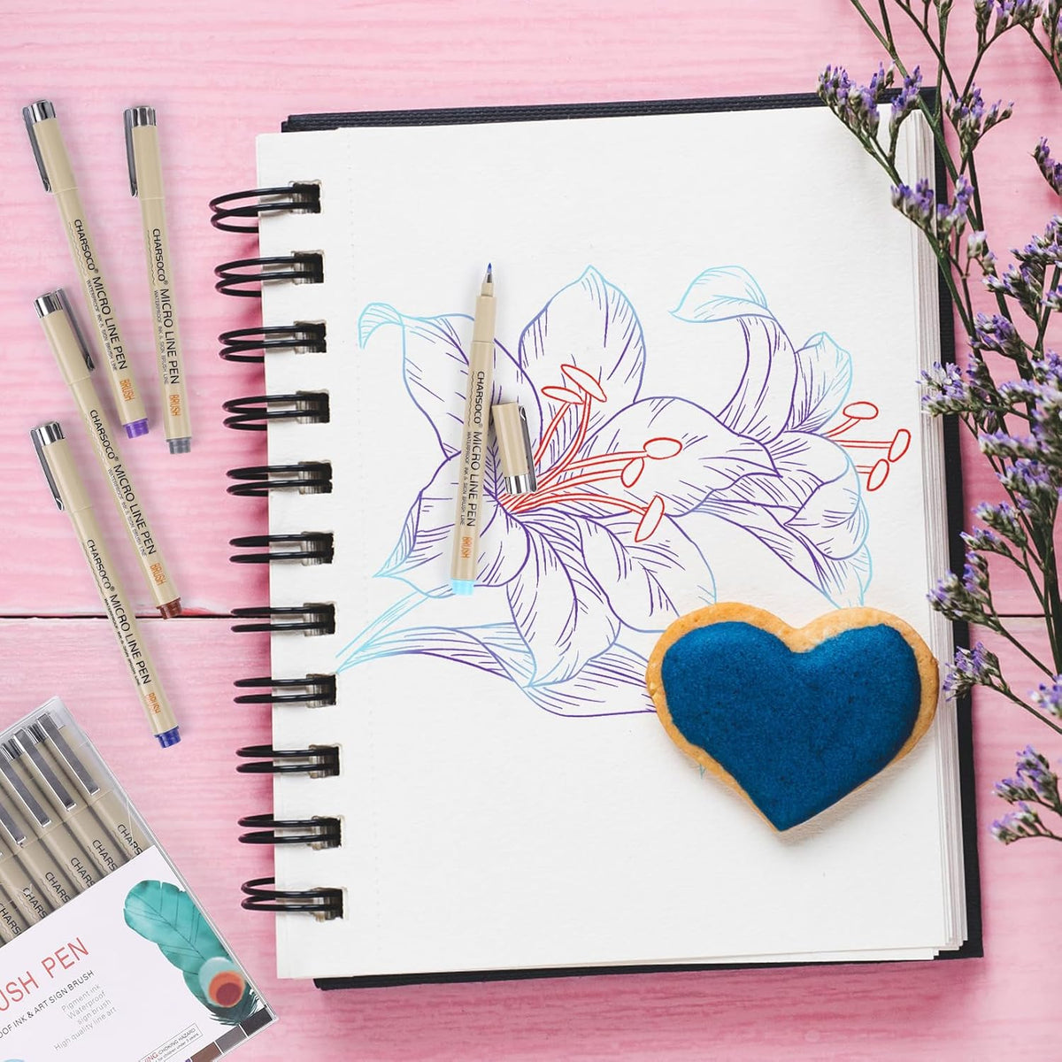 Arts Sign Brush Pen, Felt Tip Water Based Ink with 12 Colors, for Journaling, Lettering, Calligraphy, Technical Drawing and Scrapbooking
