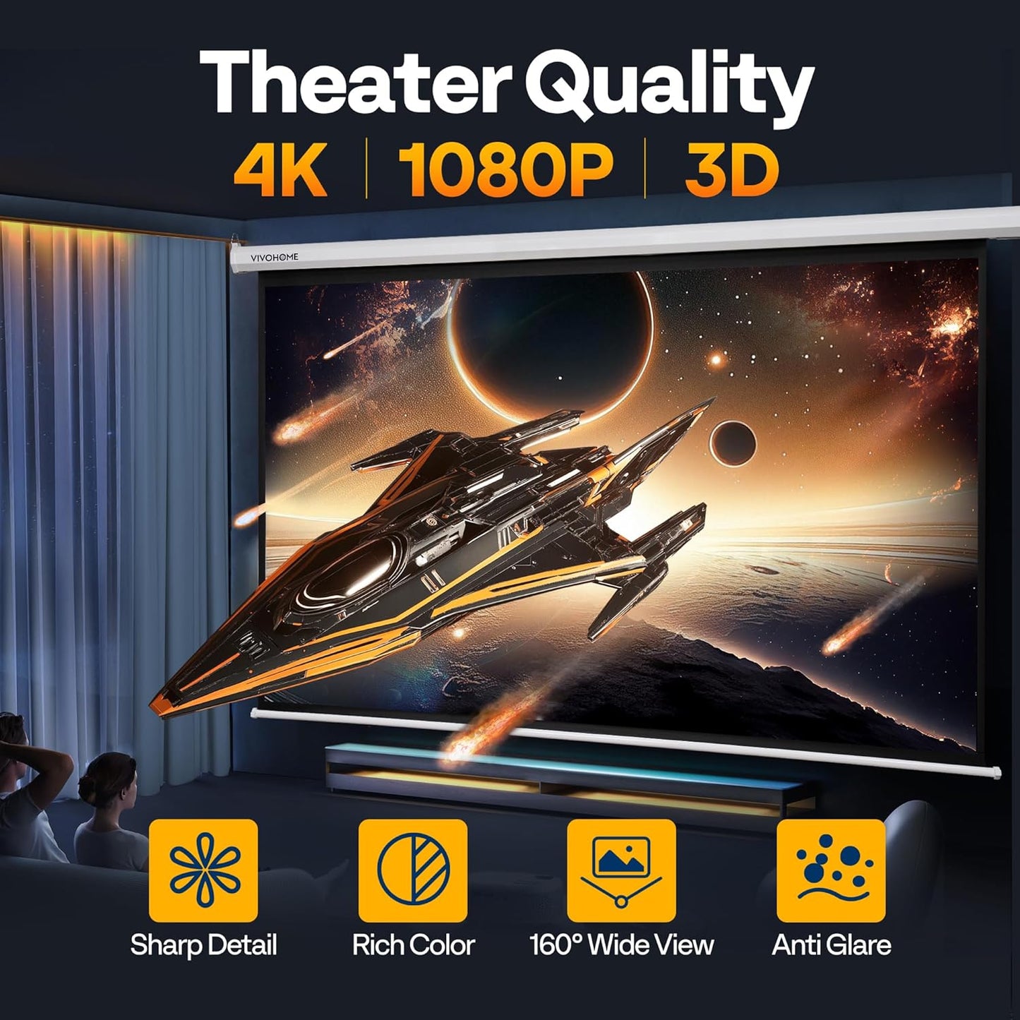 VIVOHOME Motorized Projector Screen with Remote, 16:9 100 Inch Auto Electric Projection Screen, HD 4K Movie Screen for Home Theater, Cinema, Office (87 x 49 White)