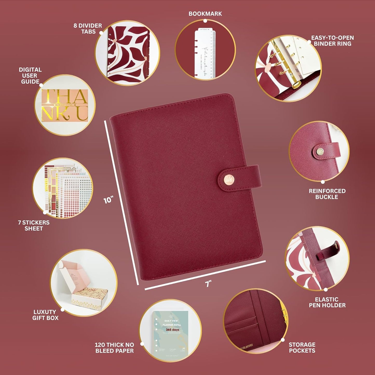 Bossy Girl Journey - A5 Daily Planner Binder – Undated Time Blocking Refillable Organizer for Women with 110gsm Paper, PU Leather Cover, Stickers, Dividers, Pen Loop, Gift Box – Goal Setting & Productivity (Granate)