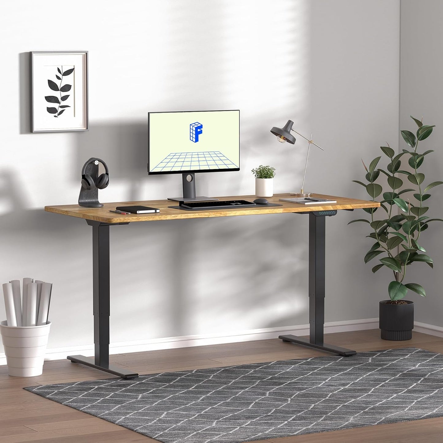 FLEXISPOT E6 MAX Rubber Wood Dual Motor 3 Stages Standing Desk 48x24 Inch Whole-Piece Board Electric Height Adjustable Stand Up Desk 150KG Load Capacity(Black Frame + Rubber Wood Desktop)