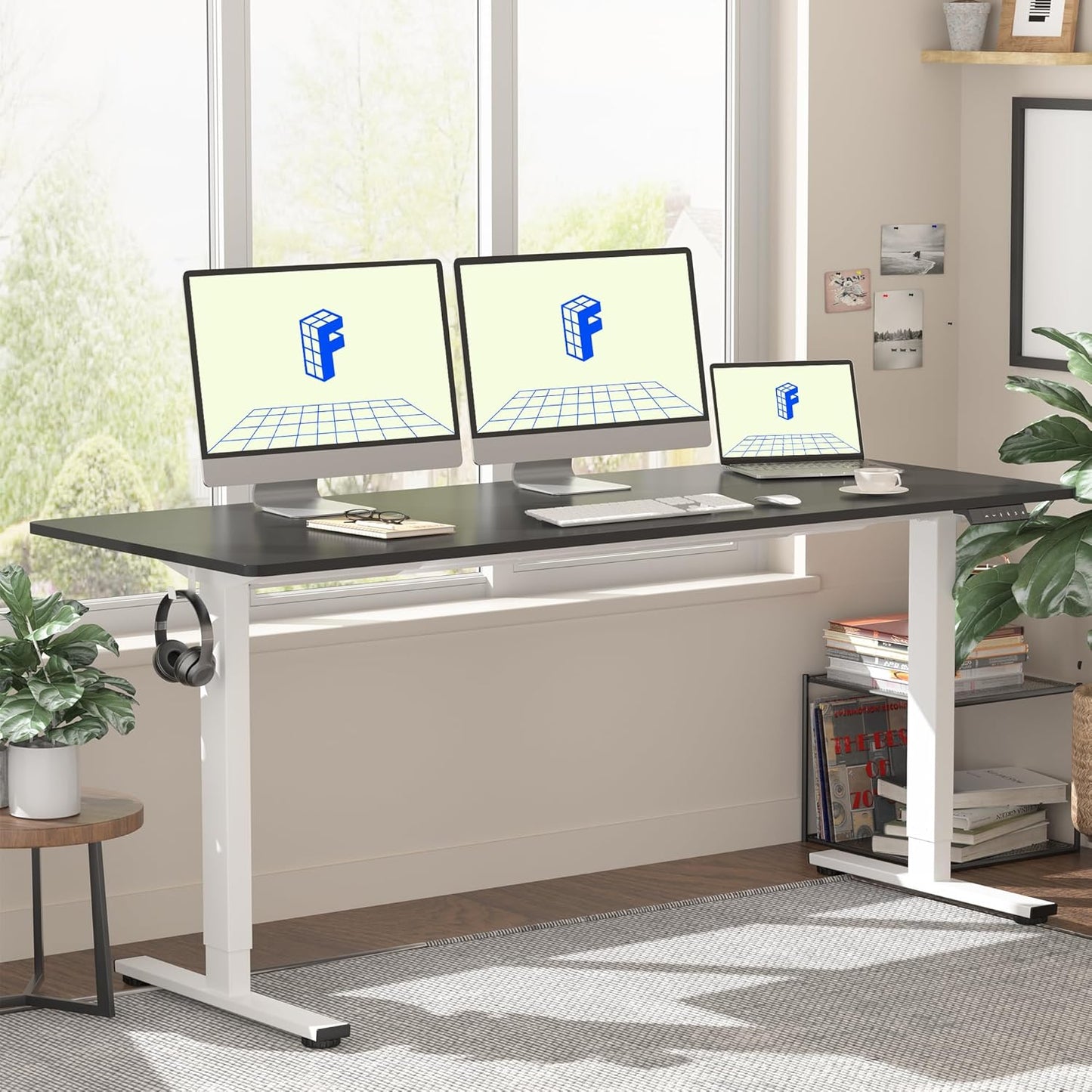 FLEXISPOT EN1 One-Piece Standing Desk, 60 x 24 Inches Large Height Adjustable Desk, Electric Sit Stand Desk Home Office Table Computer Workstation (White Frame + Black Desktop, 2 Packages)