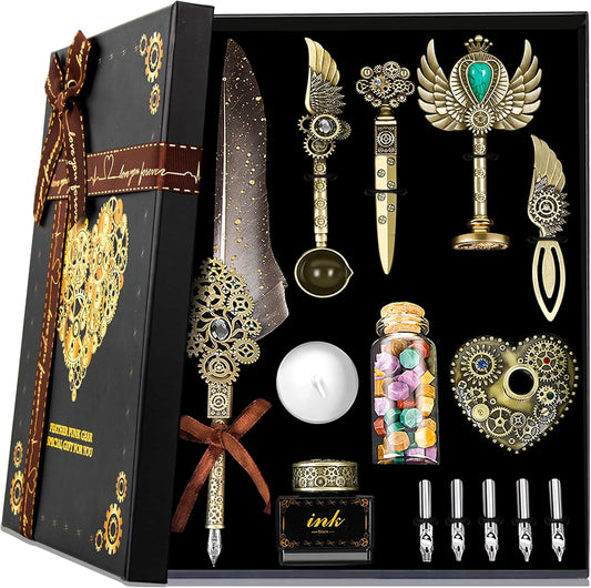 Feather Quill Calligraphy Pen Set With Ink and Wax Seal Stamp - Beautiful Gift Set for Christmas - Grey