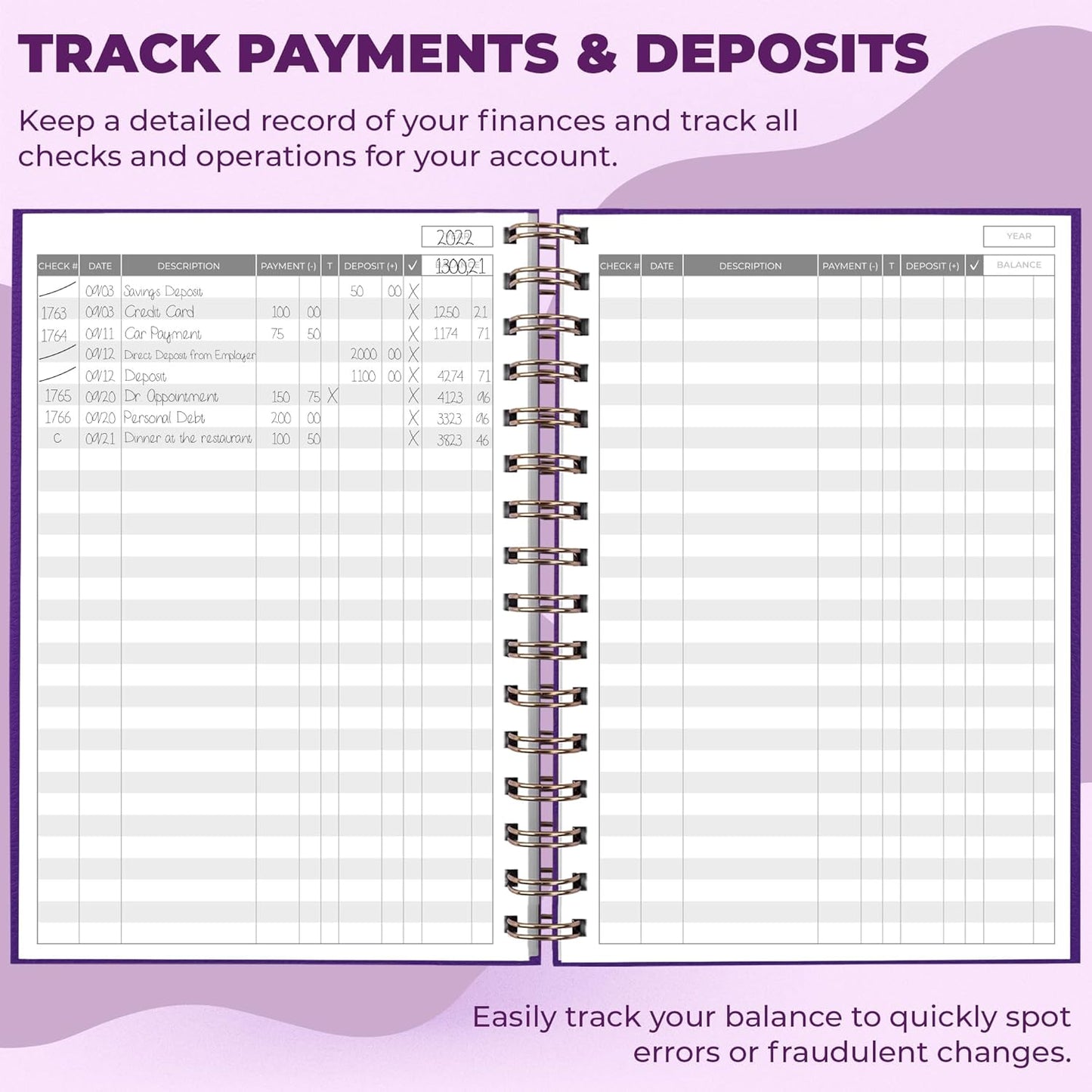 Clever Fox Check Register for Personal Checkbook – Checking Book Register – Checkbook Register – Accounting Ledger Book – 3968 Entry Lines, 6.1" x 8.3", Spiral Binding, Hardcover, Purple