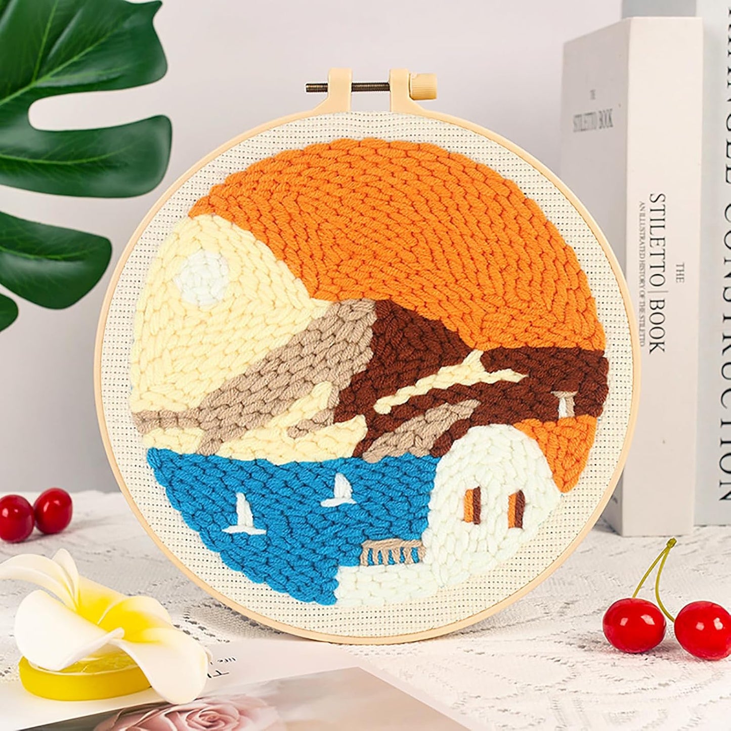 Punch Needle Kits Adults Beginner DIY Hawaiian Style 8 in Hoop Embroidery Set Starter Punch Needle Tool for Art Crafts, Ideal for All Ages, Perfect Festival Decoration & Gift (Setting Sun)