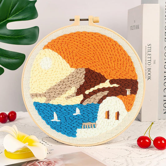 Punch Needle Kits Adults Beginner DIY Hawaiian Style 8 in Hoop Embroidery Set Starter Punch Needle Tool for Art Crafts, Ideal for All Ages, Perfect Festival Decoration & Gift (Setting Sun)