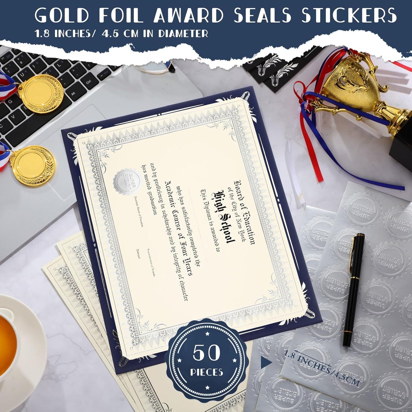 Fainne 50 Sets Certificate Kit Includes 50 Pcs 9.5 x 12 Inch Certificate Holders 50 Pcs Letter Size Papers 50 Pcs Foil Award Seals Diploma Covers for Appreciation(Navy Blue, Silver)
