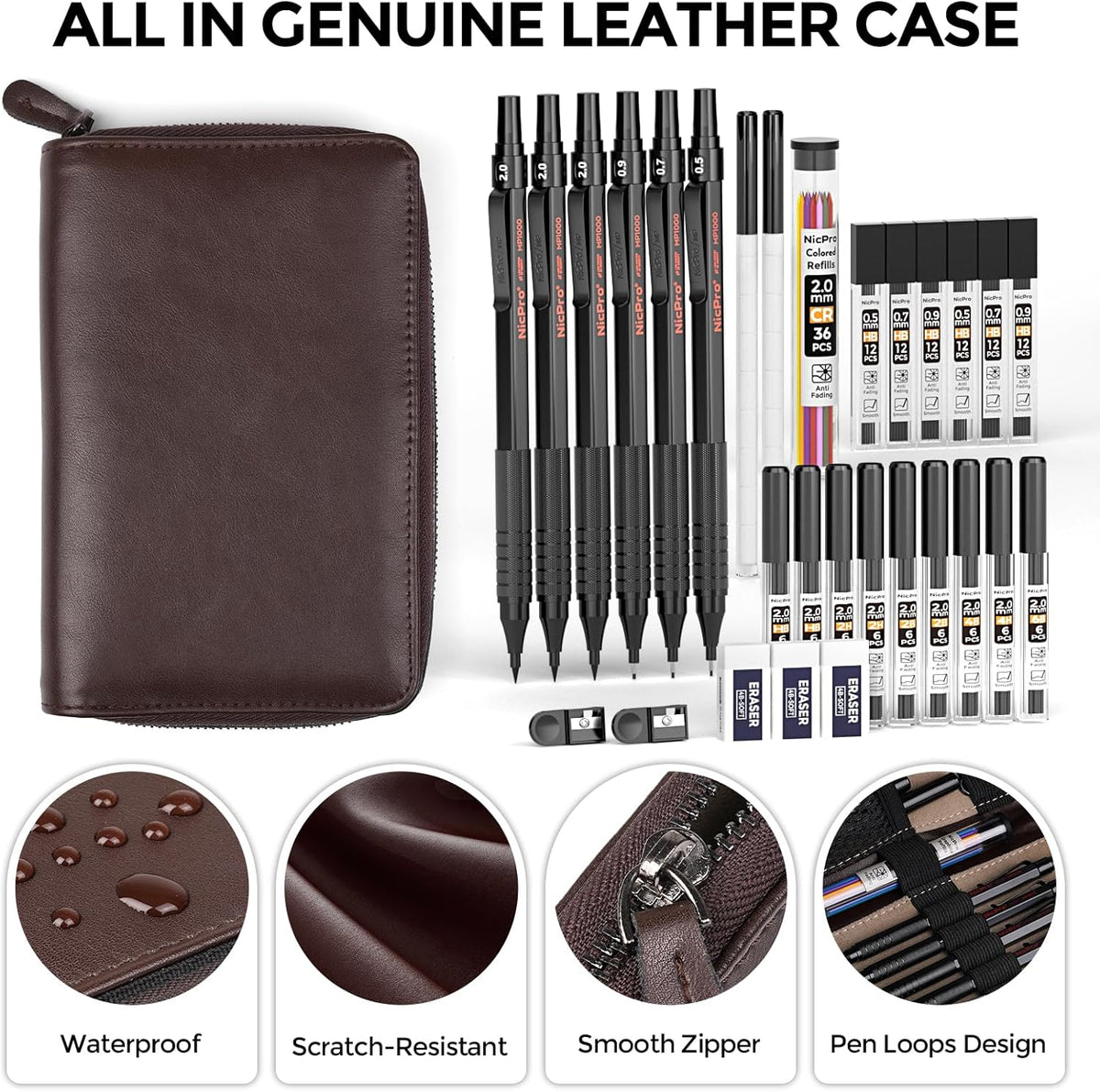 Nicpro 30PCS Black Metal Mechanical Pencil Set in Leather Case, Art Drafting Pencil 0.5, 0.7, 0.9 mm, 2mm Lead Pencil Holders for Sketching Drawing With 16 Tube (6B 4B 2B HB 2H 4H Colors)Lead Refills