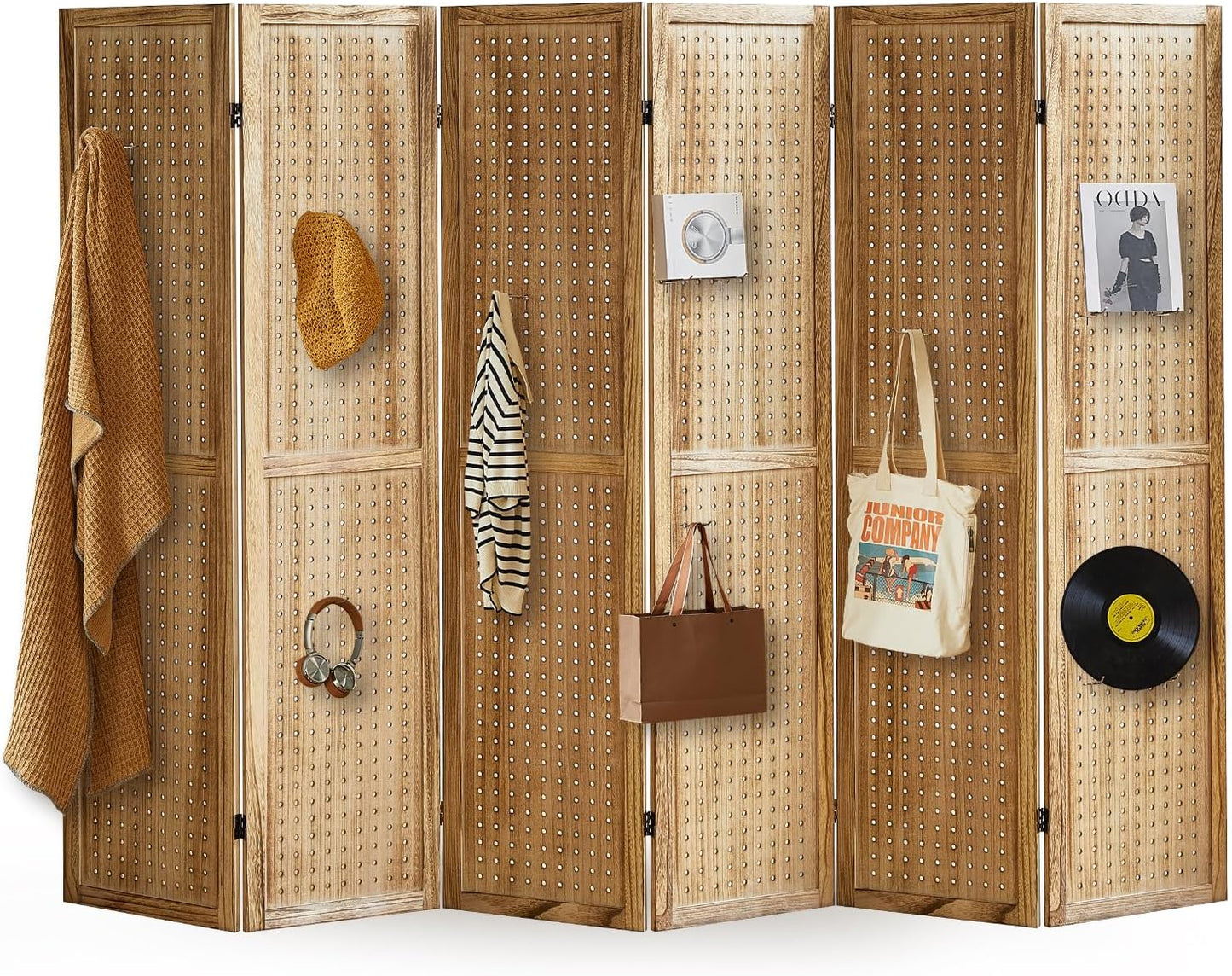 6 Panel Pegboard Display with 24 Hooks, Pegboard Room Divider and Folding Privacy Screens, Privacy Dividers for Rooms, Wooden Room Divider Wall, Jewelry Store, Bedroom, Balcony, Light Brown