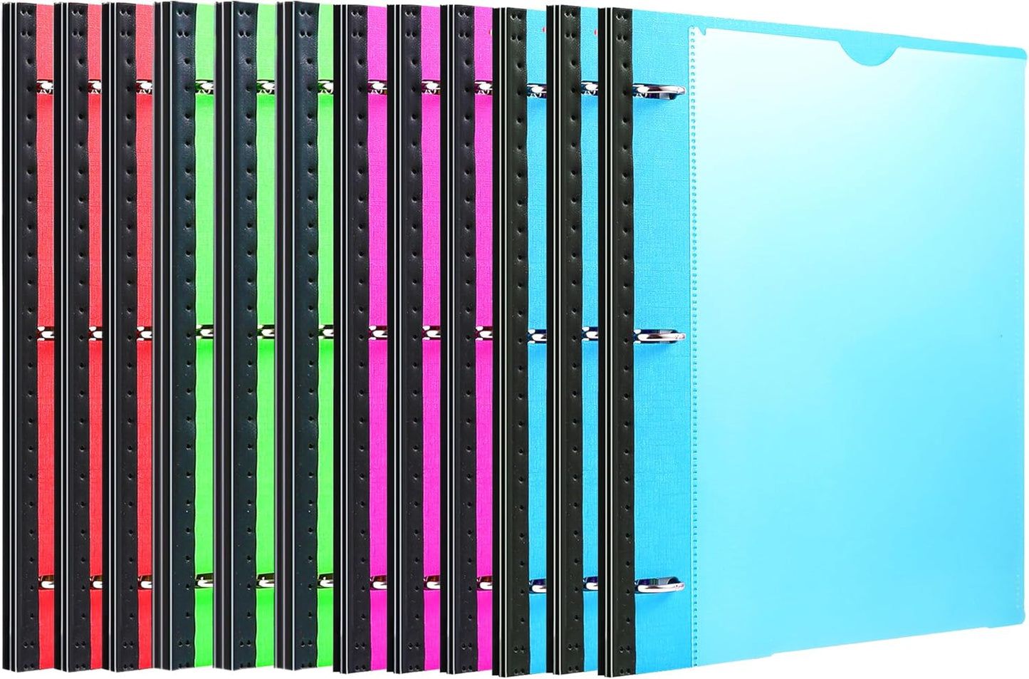 Telescoping 3 Ring Binder-12PCS, Flexible Binder with Customized Front Cover+Clear Catalog Pocket+3 Round Rings, Flat Writing Binder, 4 Bright Colors