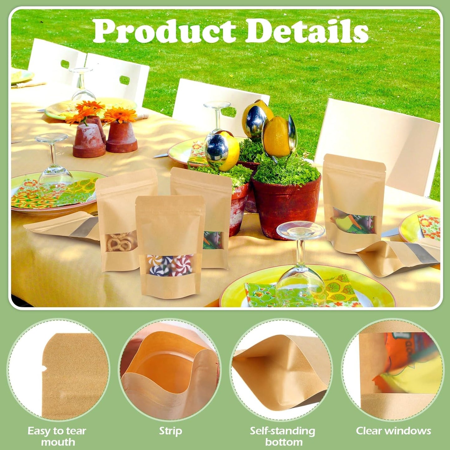 Geosar 450 Pcs Kraft Bags with Window 4 x 6 Inch Stand up Kraft Pouches Bulk Zipper Paper Pouches Food Storage Reusable Heat Sealable Bags for Packaging Home Business Office
