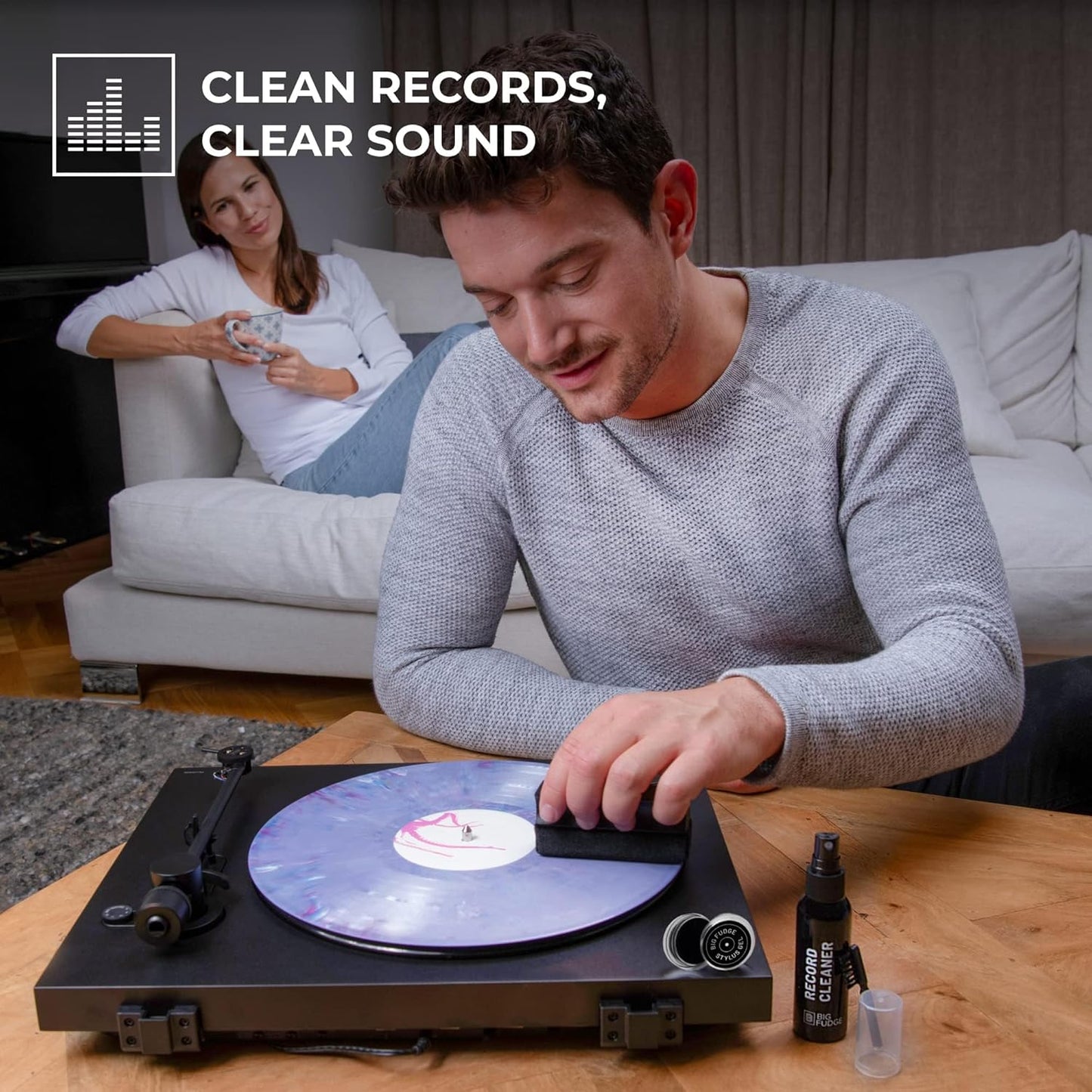 BIG FUDGE Professional Series Vinyl Record Cleaner Kit - Vinyl Record Cleaning Kit Includes Vinyl Record Brush Cleaning Fluid, Stylus Gel, Brush for Velvet, Padded Storage Case