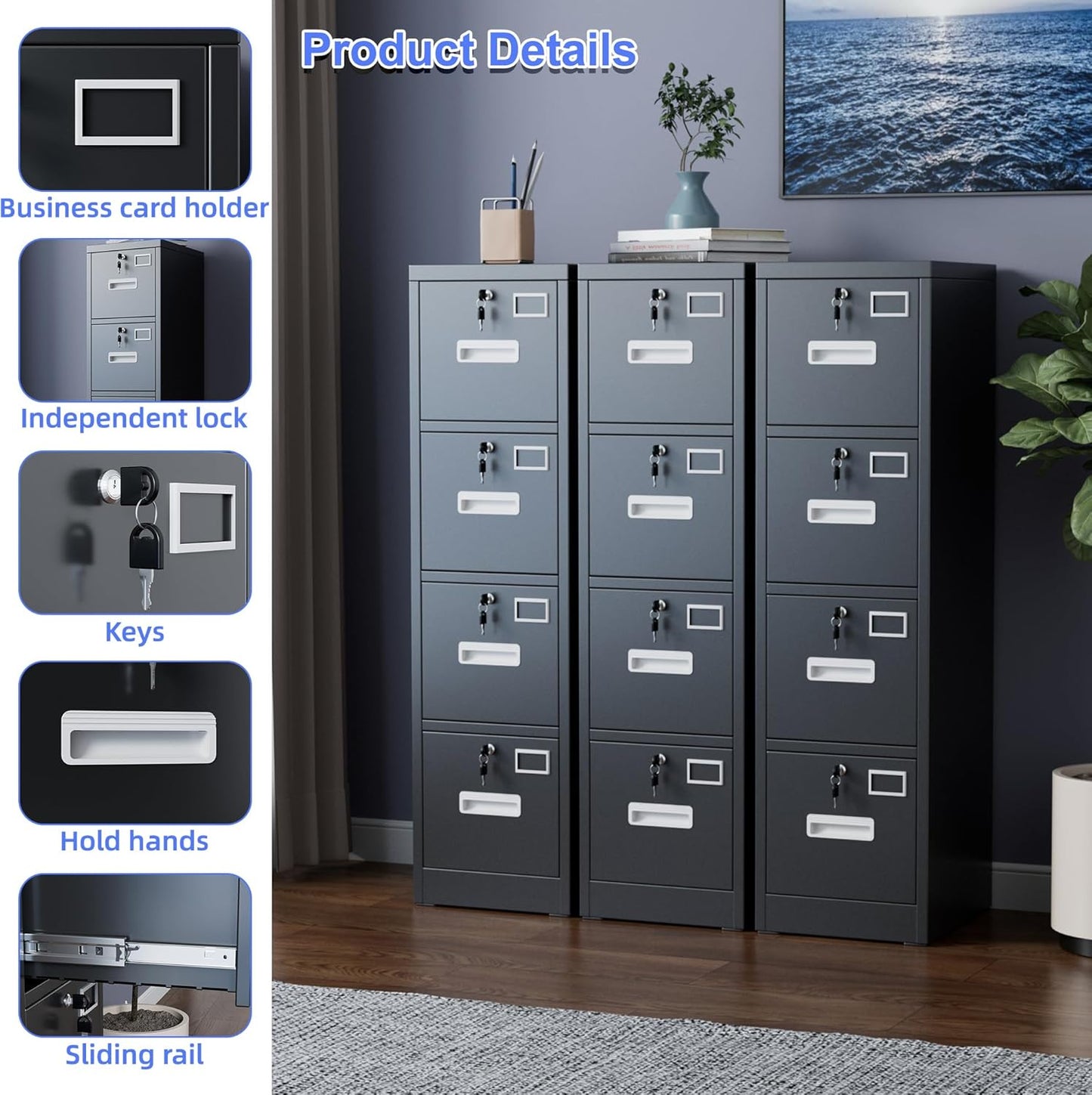 4 Drawer File Cabinet, Metal Vertical Black Filing Cabinets with Locks Name Card Holder for Home Office, Assembly Required