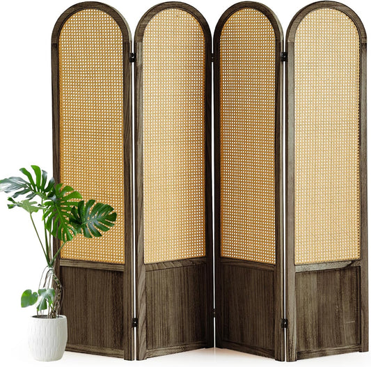 4 Panel Room Divider and Folding Privacy Screen, 5.6 Ft Foldable Double Hinged Rattan Partition, Hand-Woven Rattan Room Divider Portable Wood Freestanding Wall Divider for Room Separation - Brown