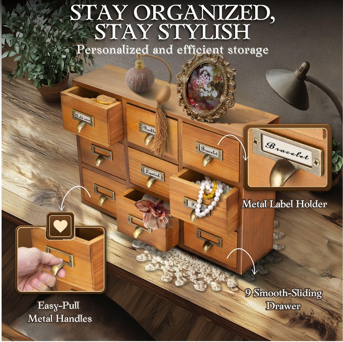 Flexzion Apothecary Cabinet with Drawers - 9 Vintage Apothecary Drawers Desktop Organizer for Home & Office - Wooden Tabletop Library Card Catalog Cabinet Storage for Jewelry, Makeup & Tools, Brown