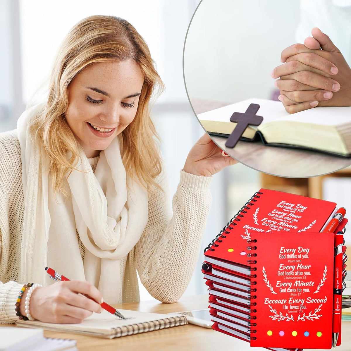60 Pcs Bulk Fathers Day Christian Gifts Prayer Journal for Woman - 30 Set Religious Notepad with Christian Pen - Bible Notebook - Church Gifts for Inspirational, Bible Study, Devotions ( Red )
