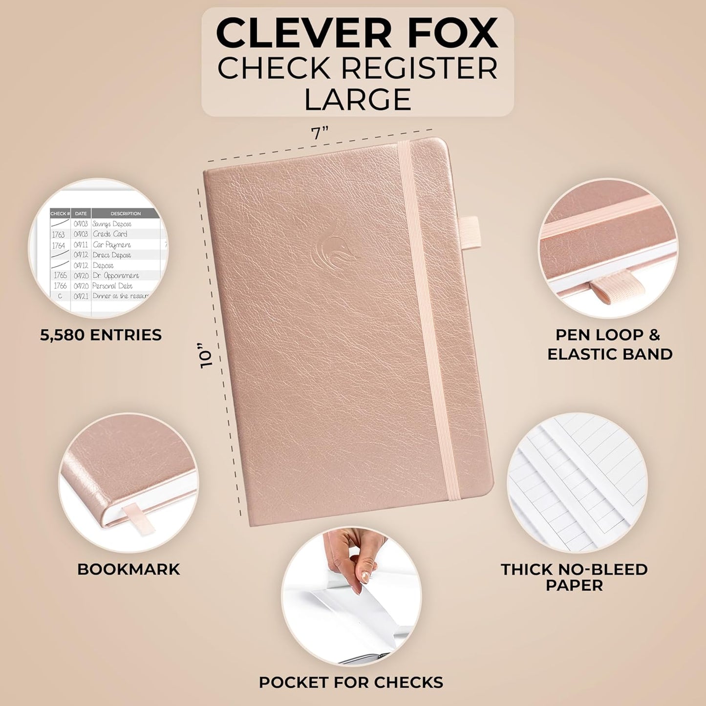 Clever Fox Check Register Book - Deluxe Transaction Register, Accounting Ledger Book, Checkbook Register & Checking Account Register Book for Personal and Work Use, Large Size, 7x10” - Rose Gold
