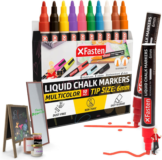 XFasten Liquid Chalk Markers for Blackboard 10-Pack, 6mm Reversible Bullet and Chisel Liquid Chalk Markers Erasable for Chalkboard, Dry Erase Board, Glass, Mirrors, Car Windows, Pens for Menu Boards