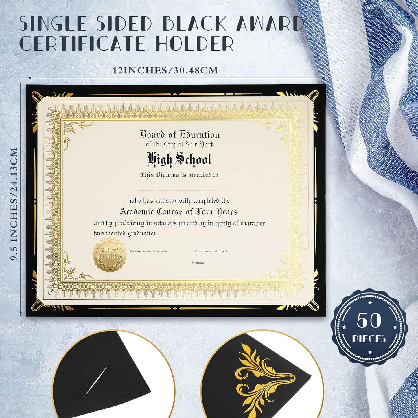 Fainne 50 Sets Certificate Kit Includes 50 Pcs 9.5 x 12 Inch Certificate Holders 50 Pcs Letter Size Papers 50 Pcs Foil Award Seals Diploma Covers for Appreciation(Black, Gold)