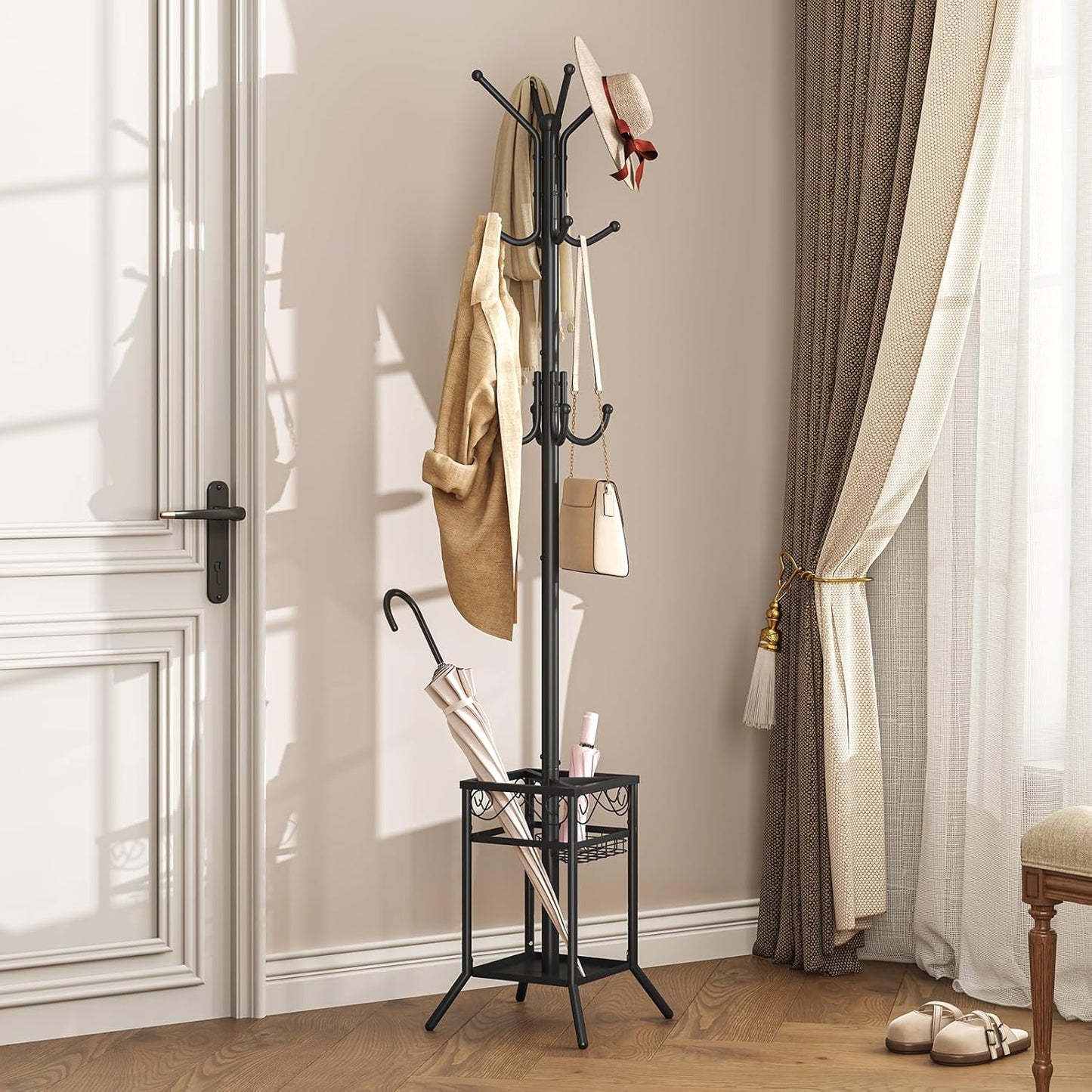ELYKEN Coat Rack Freestanding, Metal Coat Rack Stand with Umbrella Holder, Modern Coat Tree with 12 Hooks, Floor Standing Corner Hall Tree for Entryway Living Room Bedroom Office, Black