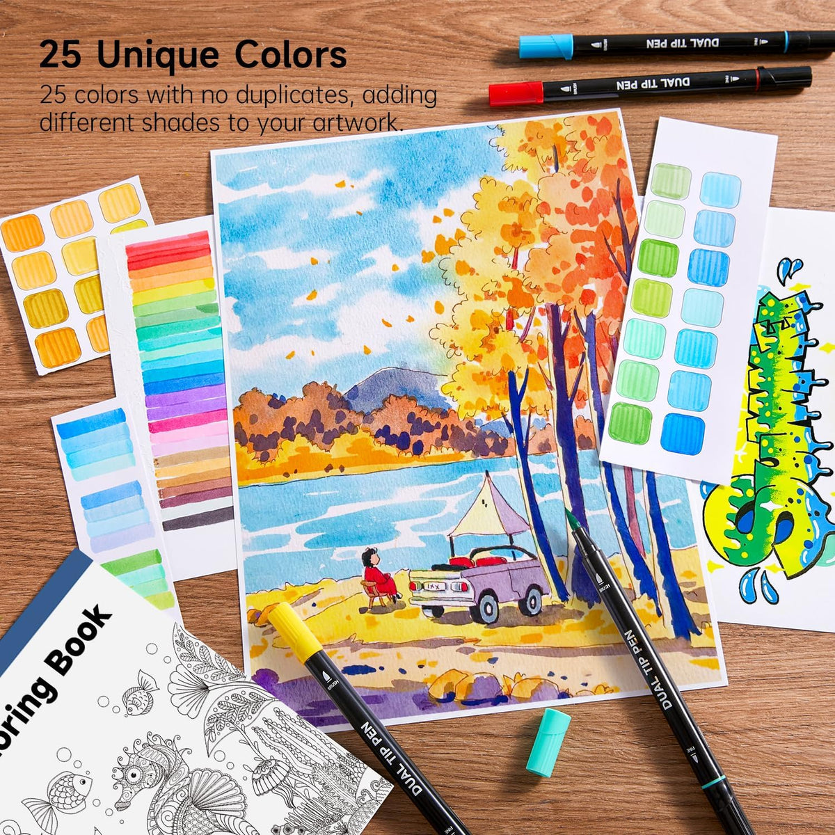 Shuttle Art Dual Tip Brush Marker Pens, 25 Colors Water-based Ink, Fine and Brush Tip Marker Set with 1 Coloring Book for Kids Adult Artist Calligraphy Hand Lettering Journal Doodling Writing