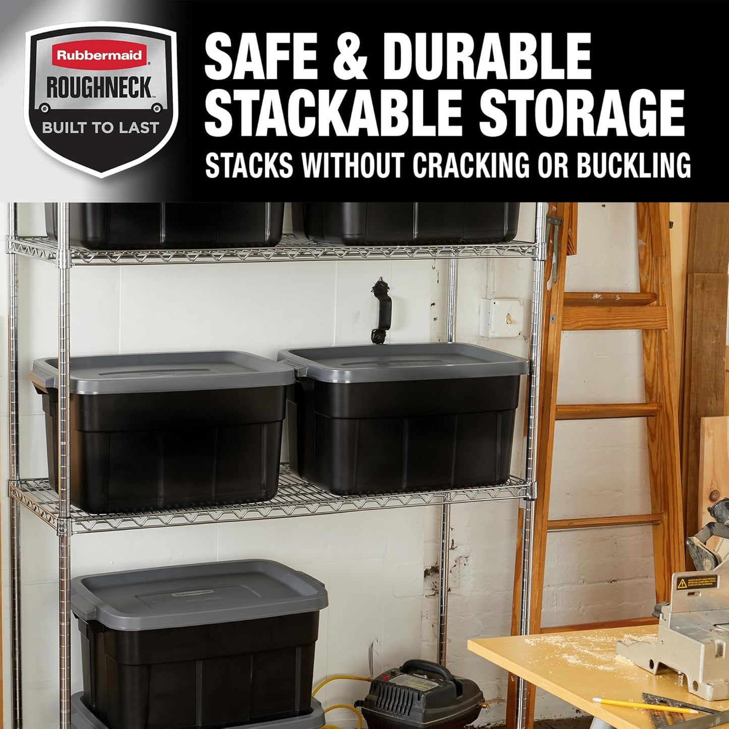 Rubbermaid 3-Pack Garage Storage Bins 18x12 Inch Heavy Duty Storage Bins, Large Capacity - USA Made Stackable Plastic Bins with Lids Black