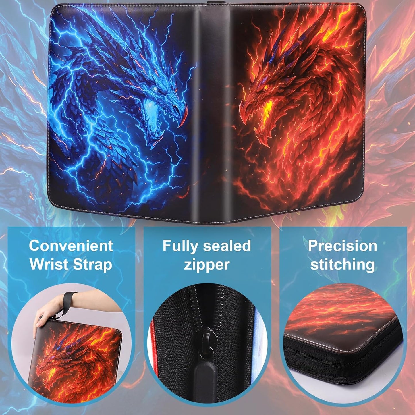 Dragon 9 Pocket Trading Card Holder Binder, Holds 900 Cards with 50 Removable Sleeves, Double-Sided Card Collection Binder Album for TCG, MTG, Sports Cards