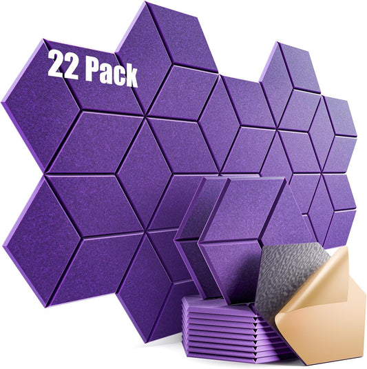 22 Pack Self-adhesive Acoustic Panels 12" X 10" X 0.4" - Sound Proof Foam Panels with High Density, Y-Lined Design, Flame Resistant, Absorb Noise and Eliminate Echoes(Purple)