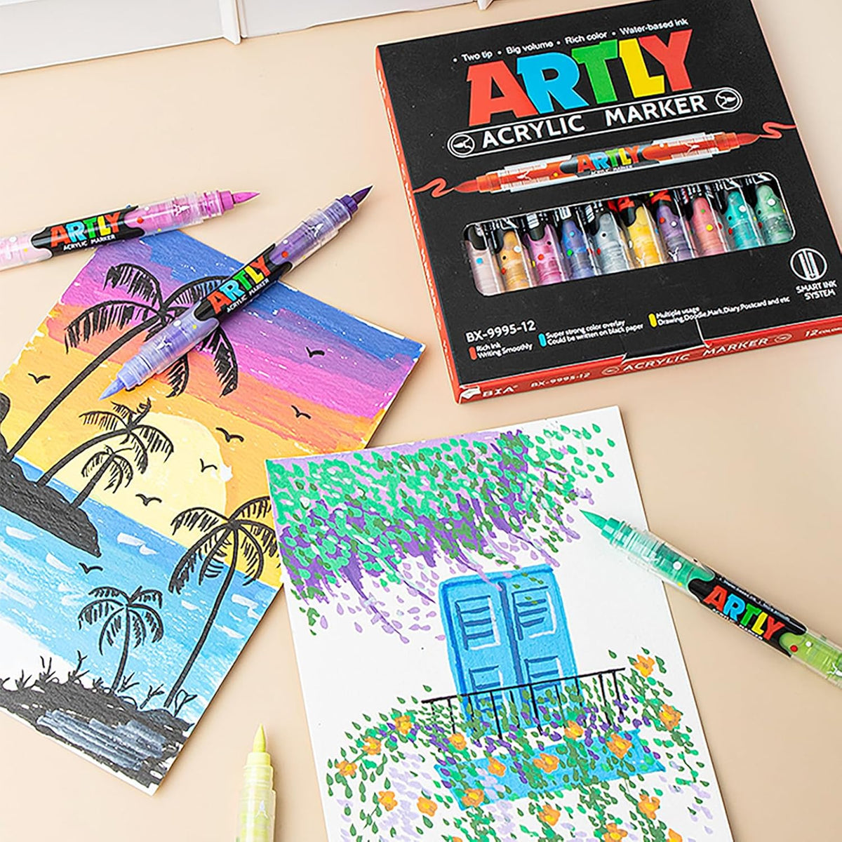 48 Colors Paint Markers, Dual-Color Acrylic Pens with Brush Tips, Double Tipped for Rocks & Art Supplies (24Pcs/48Colors)