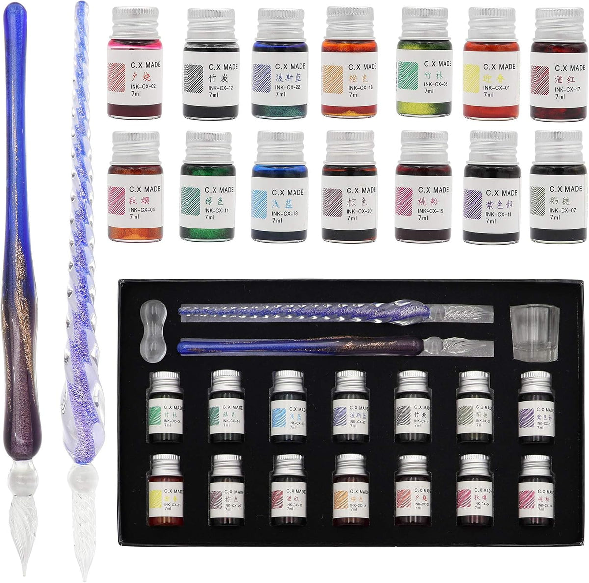 AXEARTE Glass Dip Calligraphy Pen Set, 18-Pieces 14 Color Inks, Pen Holder, Cleaning Cup, 2 Crystal Glass Pens for Art, Writing, Drawing, Signatures, Gift for Kids and Artist