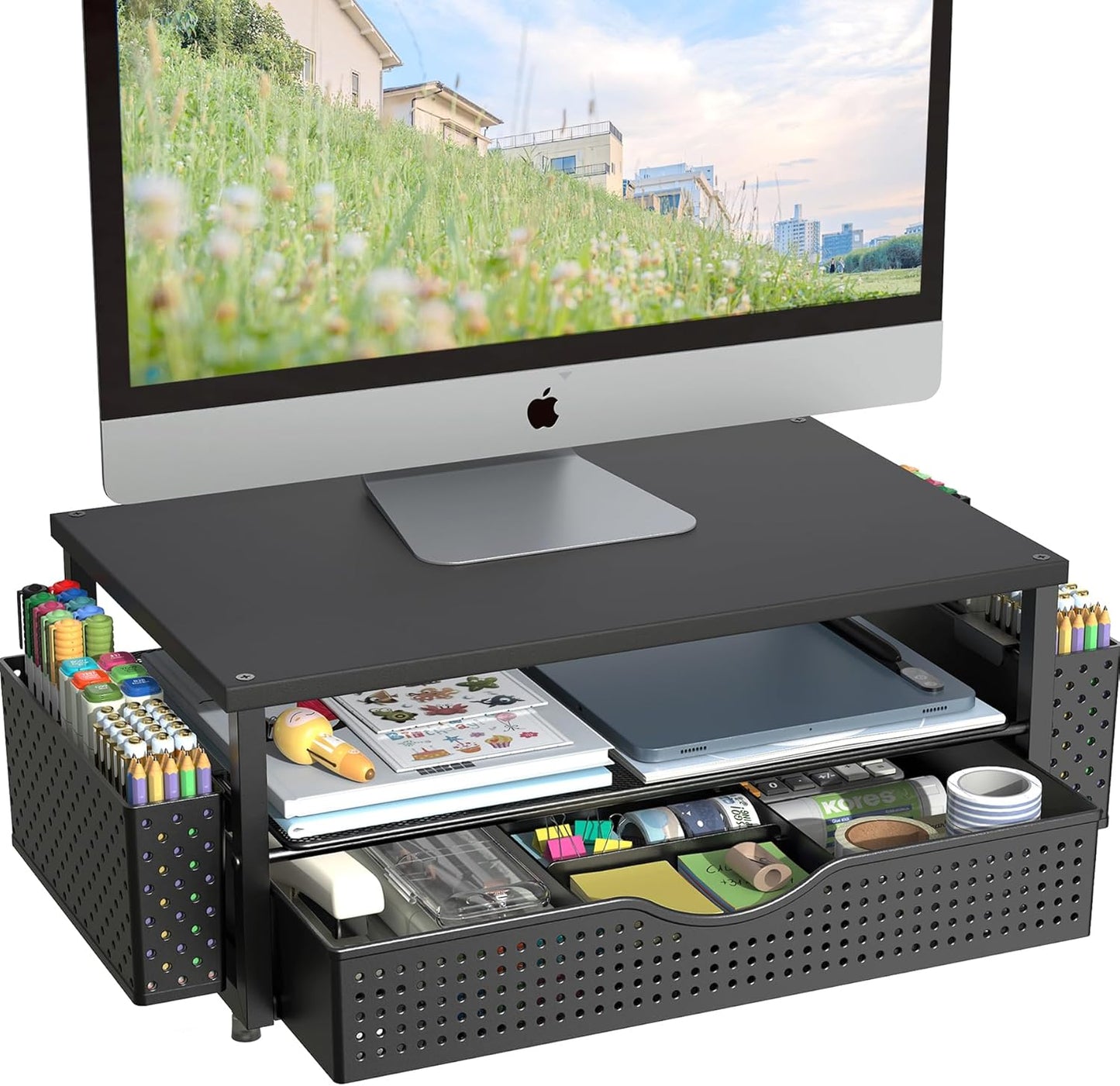 Desk Organizer and Accessories, Computer Monitor Stand Riser with Drawer and 2 Pen Holders, Office Desk Accessories & Workspace Organizers for Office Supplies (Black)