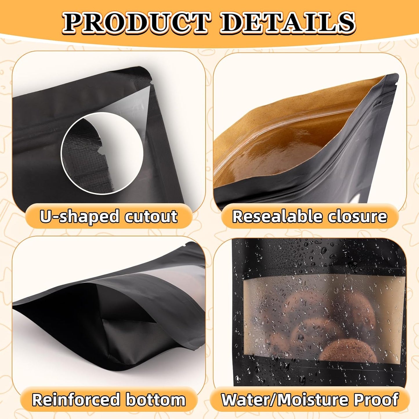 Mylar Bags for Food Storage, 100 Pack Smell Proof Bag with Window, Resealable Bags for Small Business, Candy Bags, Dog Treat Bag, Bakery Packaging, Stand Up Pouch (7.9"x11.8")