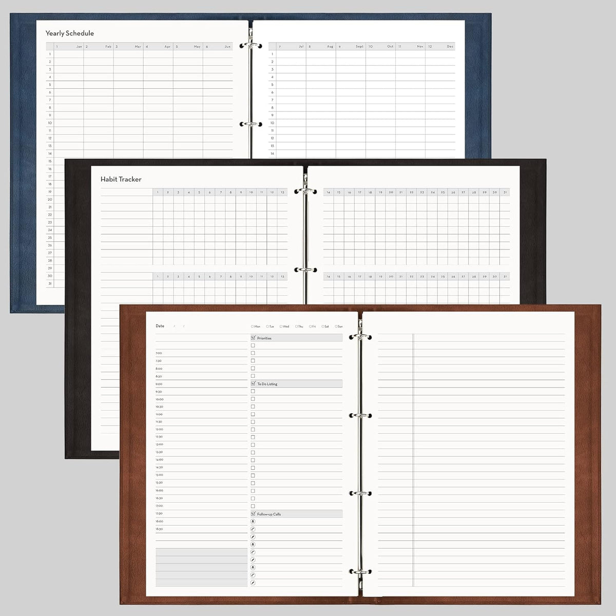 EMSHOI Undated Daily Planner 9.2" X 12", Large To Do List Notepad, 240 Refill Pages Ring Binder Planner, Hardcover Leather Appointment Book for Work, with Yearly Schedule, Habit Tracker, Black