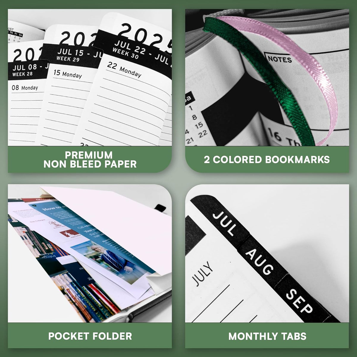 Ensight 2025-2026 HARDCOVER Leather Planner Weekly & Monthly - 6.5x8.5 Inches - Academic Planner Business Personal or Student - Pen Holder, Thick Paper, July 2025 - June 2026 (Green)