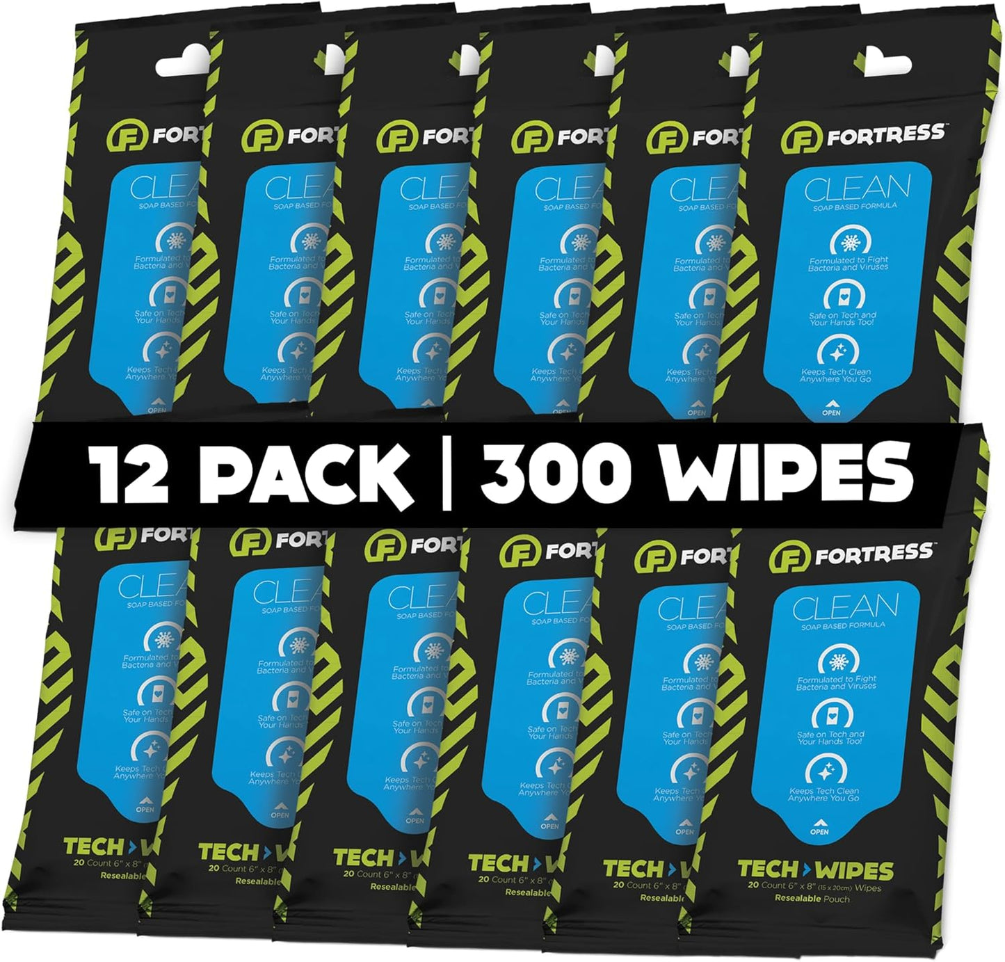 Fortress Electronic Wipes (25 ct, Pack of 12) To-Go Tech Wipes for Screens, Phones, Keyboards, TV Monitors, Computer Screens, and More [Travel Size] Skin-Safe