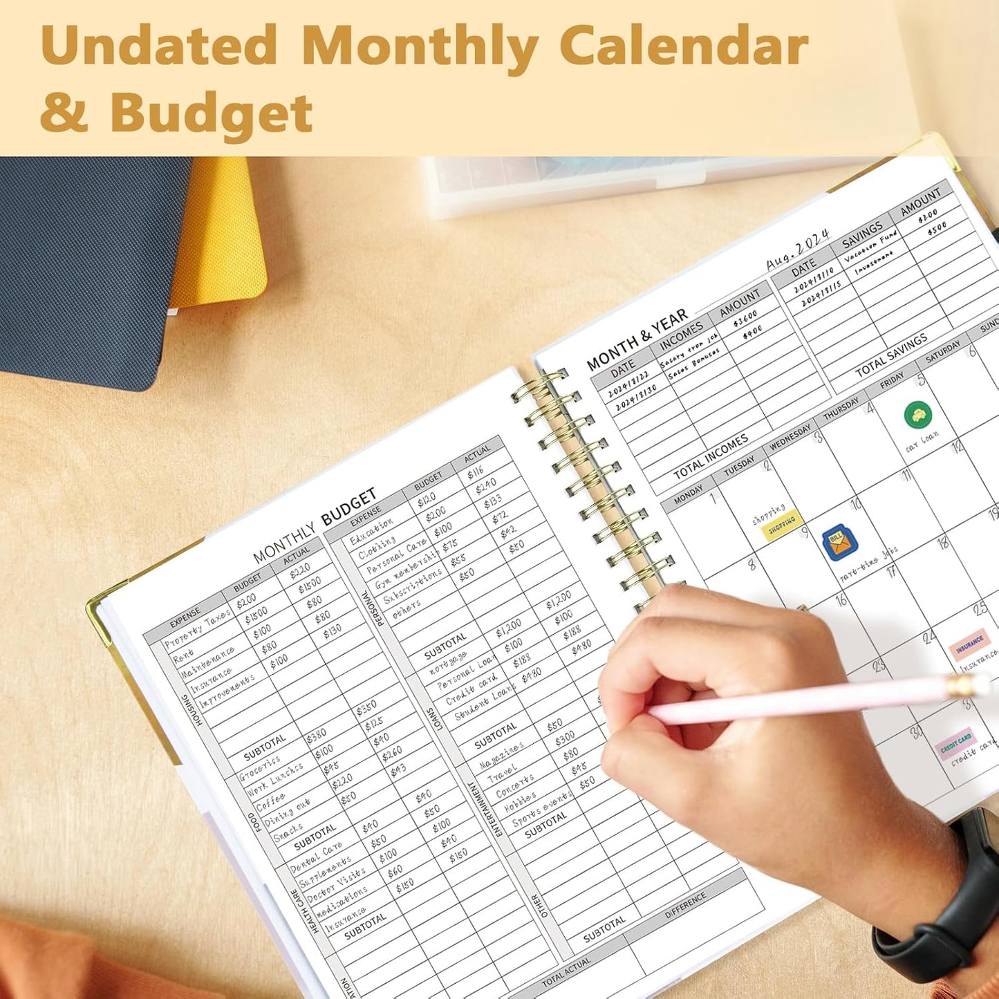Ospelelf Undated Budget Planner with Expense Tracker and Bill Organizer Large Spiral Bound Monthly Account Planners to Take Control of Your Money 12 Months White
