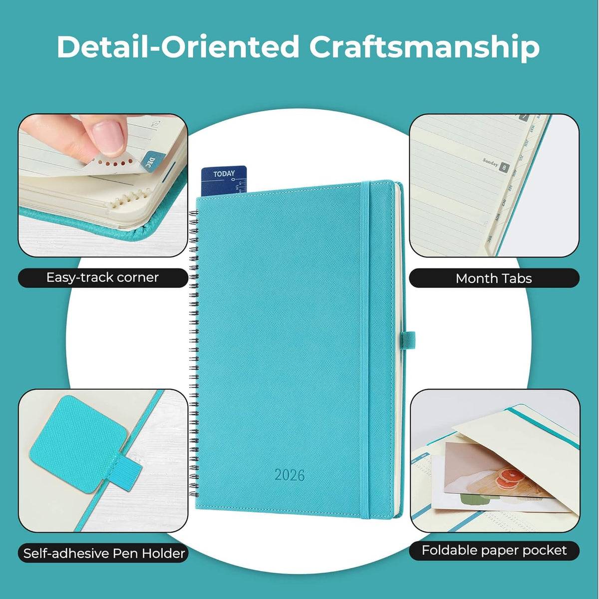 IN-LUXPRO Planner 2026 Daily Weekly and Monthly,11.5"x8.5",12 Months Spiral Bound Calendar Agenda with Self-adhesive Pen Holder,2026 Appointment Book with Vegan Leather Soft Cover,Light Blue